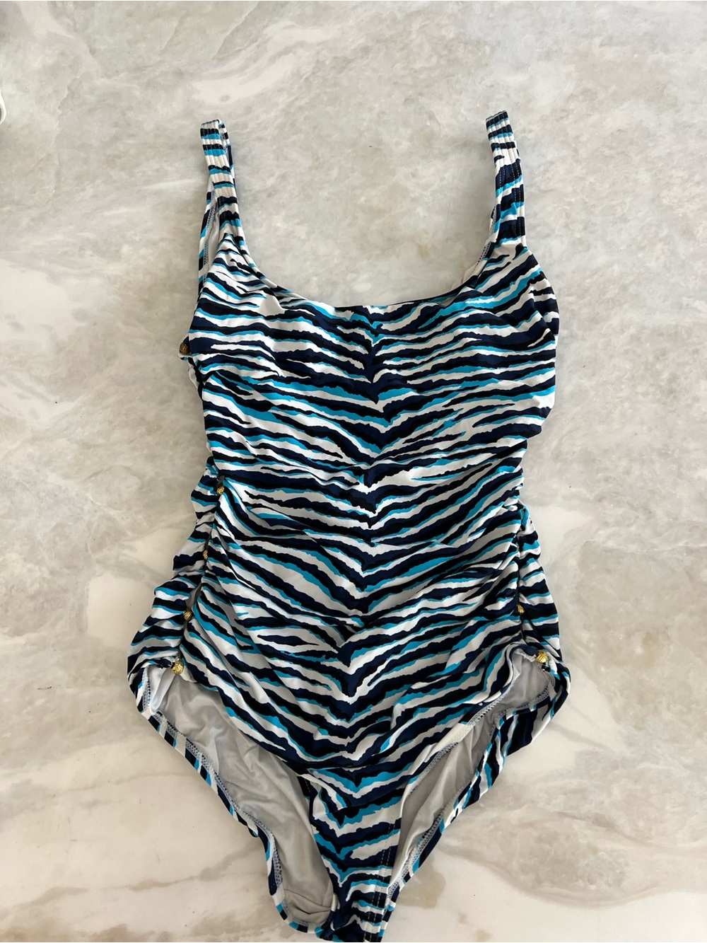 Carmen Marc Valvo ladys Turquoise & Navy Zebra-Stripe One-Piece